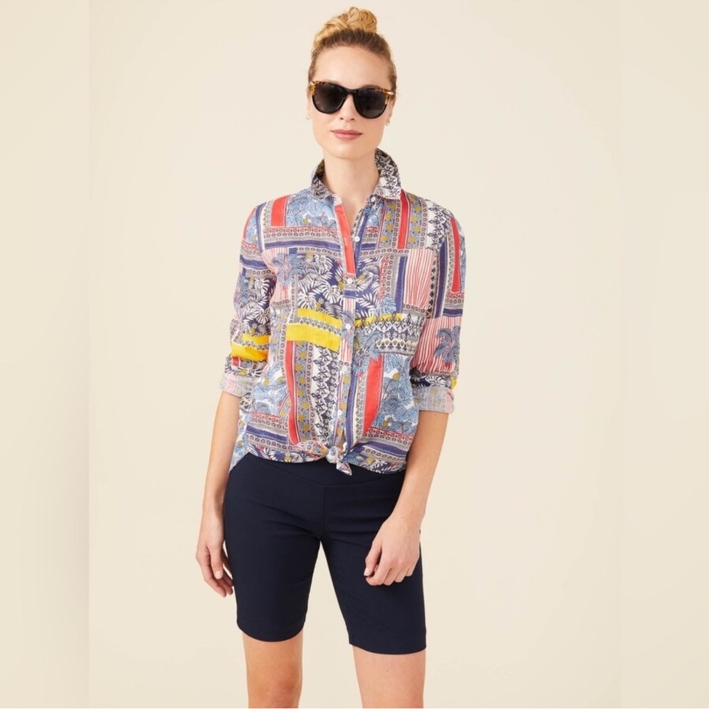 J. McLaughlin Britt 100% Linen Button Down in Tropical Palm Park Print Size M
